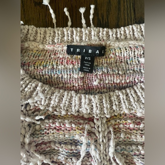 Tribal Fringed Taupe Multicolor Sweater size P/S - Picture 3 of 4